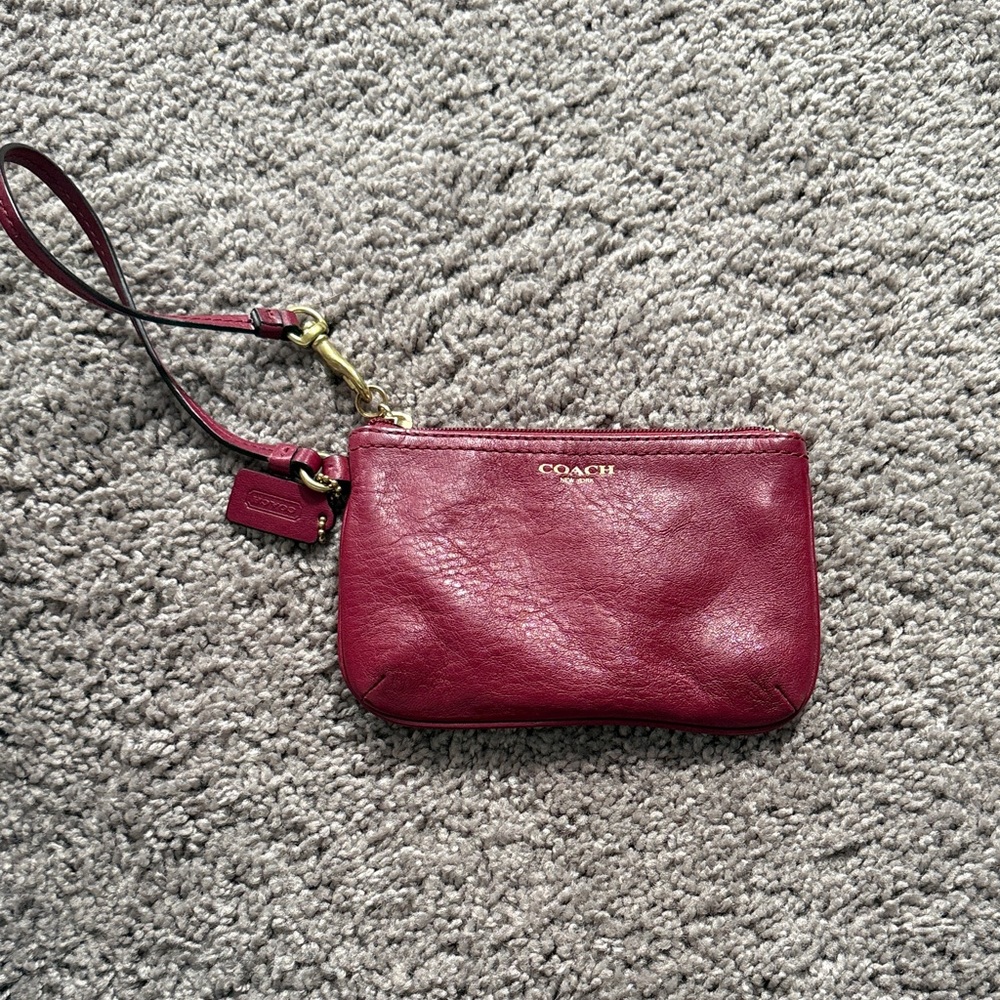 COACH Raspberry Leather Wristlet with Gold Hardware